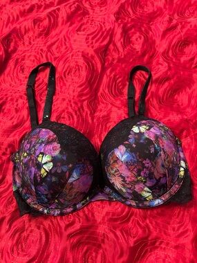 Victoria's Secret Black Floral Lace Push-Up Bra with Purple and Pink Accents